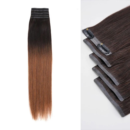 Ombre #T2/30 Mixed Subtle Ombre Brown PU Clip In Hair Extensions Straight Seamless Clip In Human Hair Ombre #T2/30 Mixed Subtle Ombre Brown PU Clip In Hair Extensions Straight Seamless Clip In Human Hair