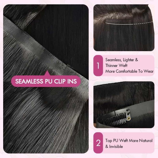 Invisible 9PCS Weft Clip In Hair Extensions 5PCS Volumizer Natural Straight PU Clip In Human Hair Invisible 9PCS Weft Clip In Hair Extensions 5PCS Volumizer Natural Straight PU Clip In Human Hair
