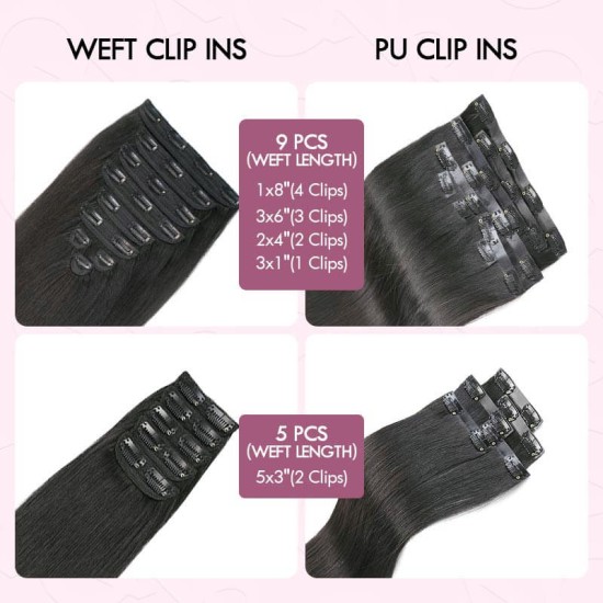 Invisible 9PCS Weft Clip In Hair Extensions 5PCS Volumizer Natural Straight PU Clip In Human Hair Invisible 9PCS Weft Clip In Hair Extensions 5PCS Volumizer Natural Straight PU Clip In Human Hair