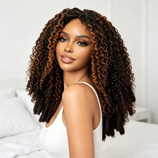 Brown Highlight V Part Wigs Burmese Curly Invisible Lace Edge Human Hair Wig Brown Highlight V Part Wigs Burmese Curly Invisible Lace Edge Human Hair Wig