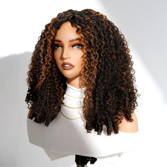 Brown Highlight V Part Wigs Burmese Curly Invisible Lace Edge Human Hair Wig Brown Highlight V Part Wigs Burmese Curly Invisible Lace Edge Human Hair Wig